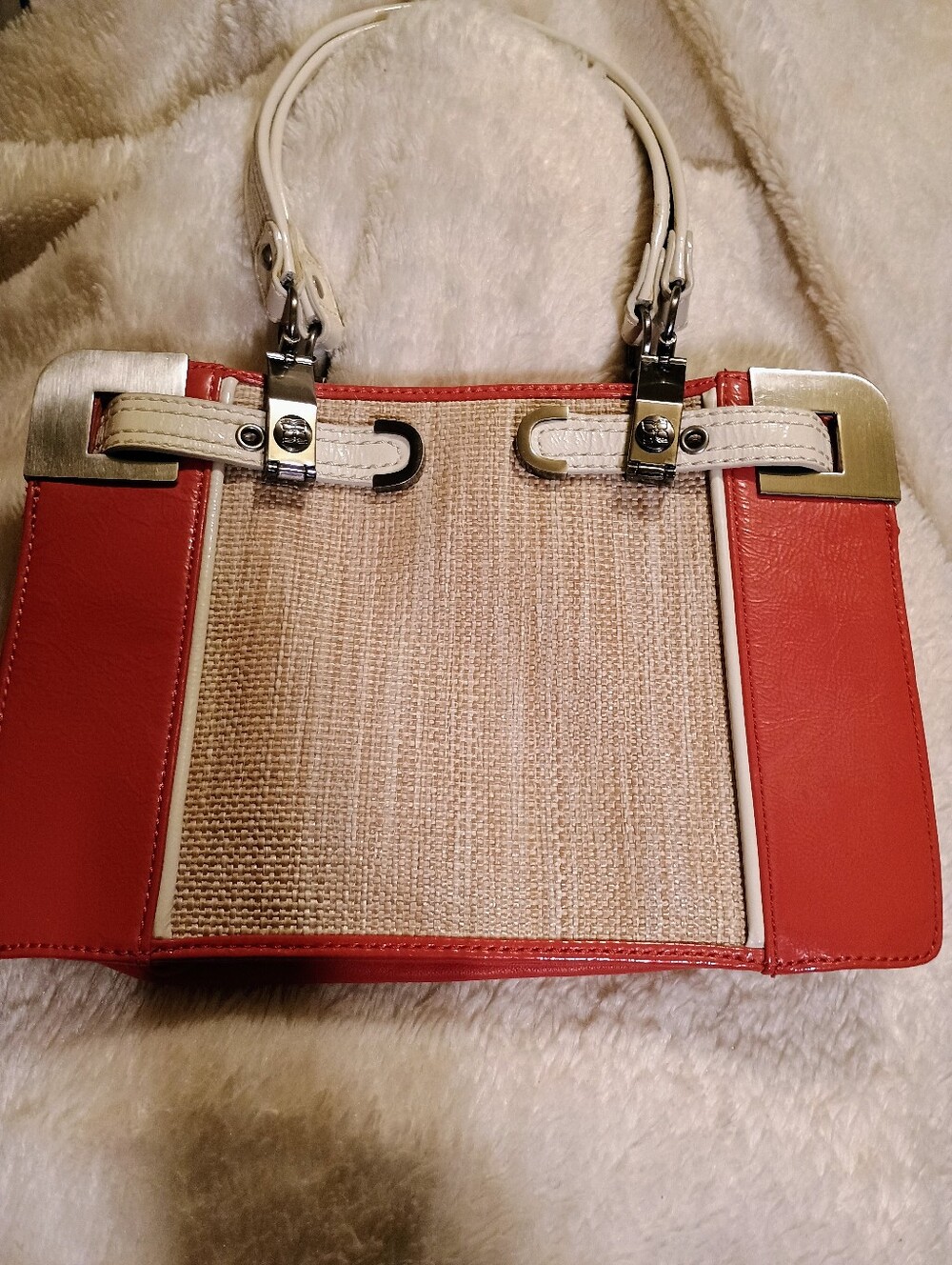BCBGMAXAZRIA Coral Red Leather & Woven Raffia Shoulder Bag Tote